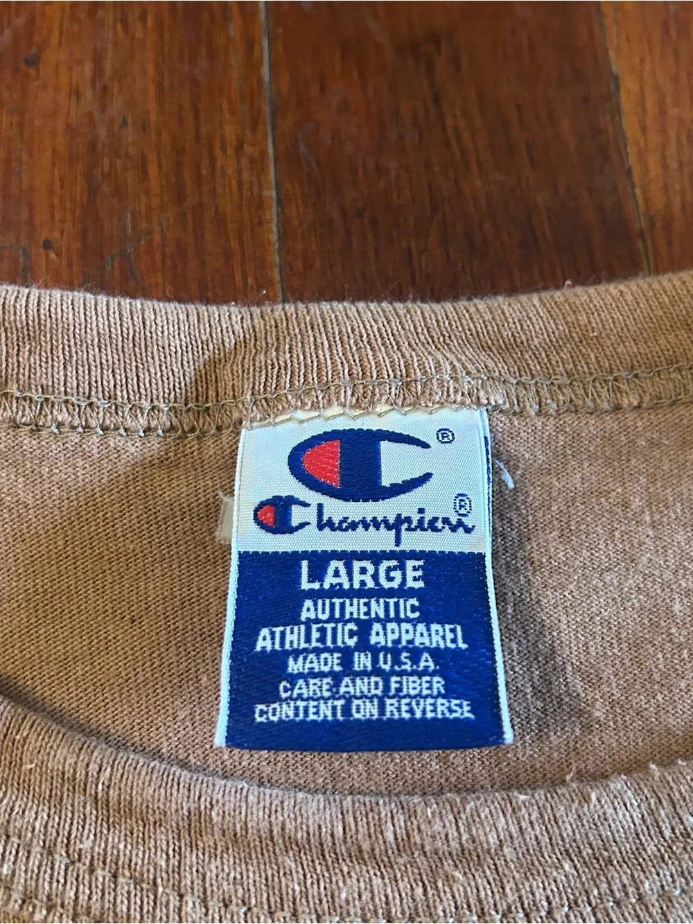 Vintage ‘90s Champion USA Essential Spellout Brown Tan Cotton Crewneck T-shirt L - Picture 6 of 7